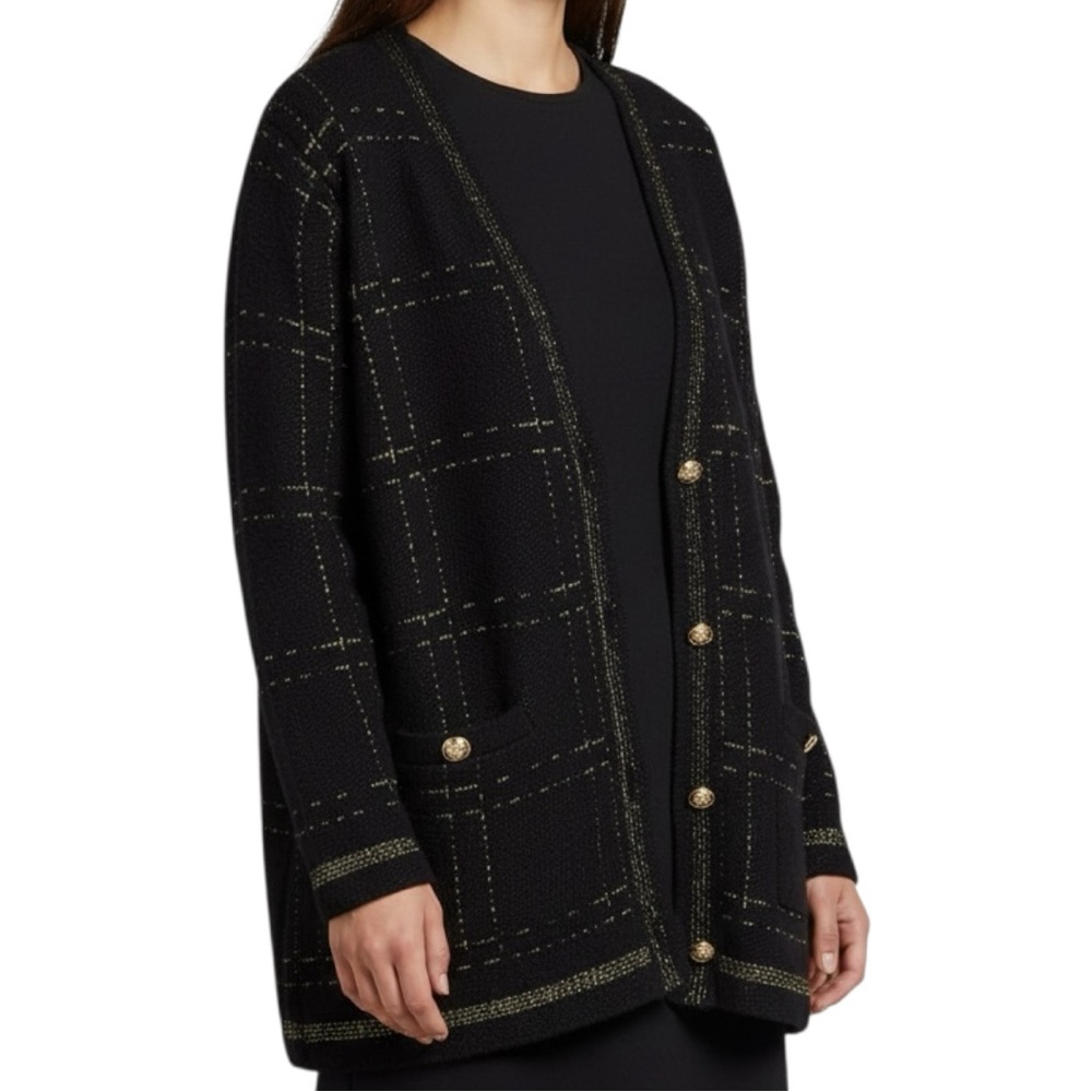 AGB Black Gold Metallic Knit Sweater Jacket Cardigan Gold ButtonsLong Sleeves XL
